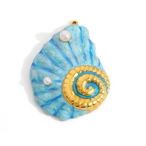 Macro view of blue marble seashell pendant with gold spiral detail and white pearls