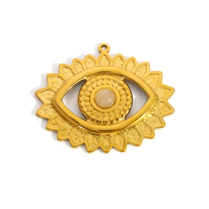 Detailed view of a gold sunburst pendant featuring a translucent white opal center stone