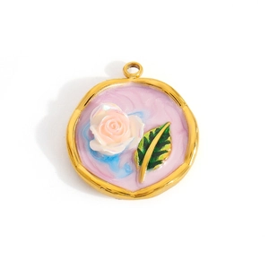 Detailed close-up of a golden round charm featuring a pink 3D rose and green leaf