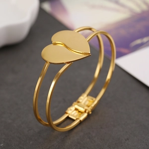 Elegant gold heart open bangle with double-layer band and polished finish for women
