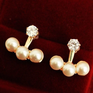 Elegant Alloy 3 Artificial Pearl Zirconia Stud Earrings For Women Gold Plated Rhinestone Jewelry For Wedding Party French Style