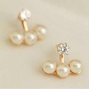 Elegant gold finish three-pearl drop earrings with round cubic zirconia stud