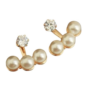 Elegant gold metal stud earrings with three pearls and sparkling crystal rhinestones
