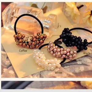 Elegant beaded pearl hair ties in four colors: coffee, black, grey and white for women