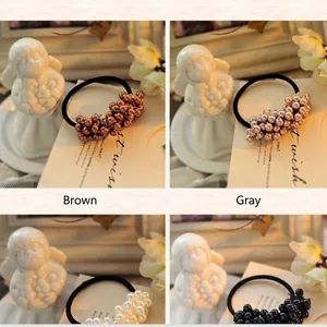 Fashion beaded pearl hair ties in coffee, grey, cream, and black elastic hair bands set