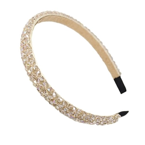 Champagne gold crystal beaded headband with multi-layer rhinestones on white background