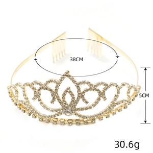 Close-up of golden bridal crown showing 38cm circumference and 5cm height details