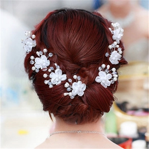 Korean Style Bridal White Fabric Flower Hair Pins With Artificial Pearl Crystal Beads U-Shaped Hair Insert Wedding Jewelry For Women