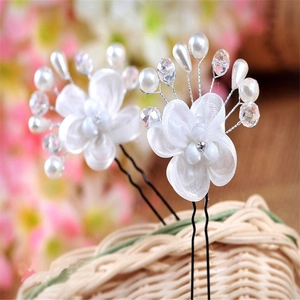 Elegant bridal hair pins with white organza flowers, pearls and crystals on silver wire