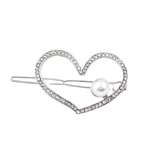 Silver alloy hollow heart hair clip with white pearl and glittering crystals inlay