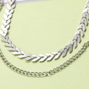 Double layer silver fishbone and V-shape arrow pendant necklace for women's fashion