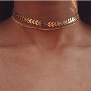 Double-layered golden herringbone fishbone necklace for women in minimalist boho style