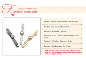 Detailed view of the 6cm leaf-shaped alloy hair clip with elegant pearl embellishment