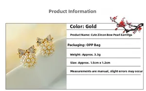 Detailed view of zircon bowknot pearl stud earrings with size and weight measurements