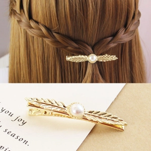 Vintage Alloy Leaf Feather Hair Clip With Faux Artificial Pearl Elegant Metal Duckbill Side Clip Gold Silver Hair Accessories For Women