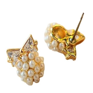 Elegant gold bow earrings featuring zircon crystals and clustered white pearls