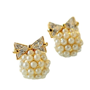Elegant gold bow earrings with sparkling cubic zirconia and clustered white pearls