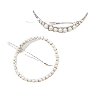 Lot de barrettes argentées avec motifs lune et soleil et perles blanches sur métal