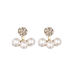 Elegant gold earrings featuring a rhinestone stud and a trio of white curved pearls