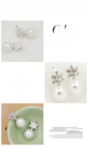 Macro detail of snowflake star pearl earrings with silver rhinestone and plastic backing