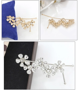 Macro detail of crystal floral hair clip with five-petal flowers and shiny rhinestone inlays