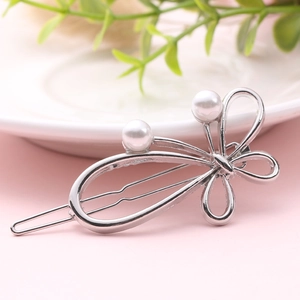 Elegant silver alloy hair clip with bow butterfly design and two white pearls for women
