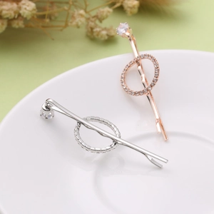 Set aus silbernen und roségoldenen Strass-Haarklammern mit Zirkon-Kreis auf weißem Teller