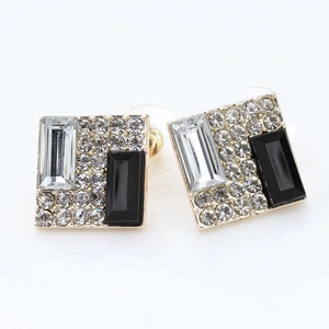 Elegant square stud earrings with black and white rhinestones and a gold metal base