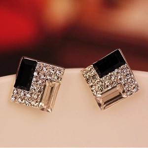 Korean Style Alloy Black White Geometric Square Stud Earrings Rhinestone Inlaid Stainless Steel Earring Post Women Jewelry