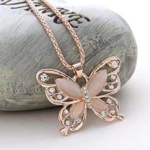 Elegante Roségouden Vlinder Strik Hanger Ketting Met Strass En Kattenoogsteen Legering Lange Trui Ketting Voor Vrouwen Sieraden