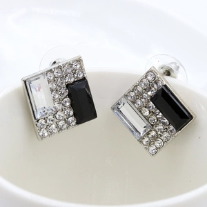 Elegant geometric square stud earrings with black and white zircon stones in silver finish
