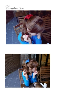 Détail de grandes barrettes nœuds en tissu rouge et bleu portées par un mannequin