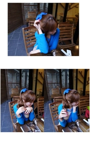 Vues détaillées d'une pince à cheveux avec nœud en tissu bleu porté dans un café chaleureux
