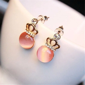 Elegant gold crown stud earrings with pink cat eye stone and white rhinestones on cup