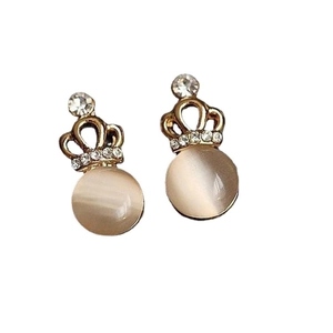 Elegant gold crown earrings with shimmering cat eye stones and sparkling rhinestones