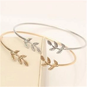 Minimalist adjustable leaf open bangle bracelet in elegant gold and silver metal finishes