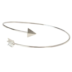 Minimalist silver arrow open bangle featuring arrow head and feather tail design