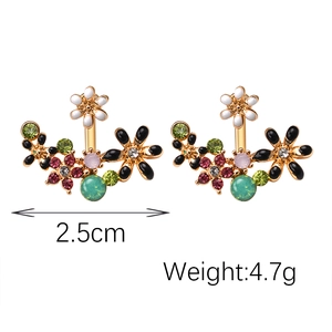 Detail view of floral stud earrings with multi-color rhinestones, 2.5cm size and 4.7g weight
