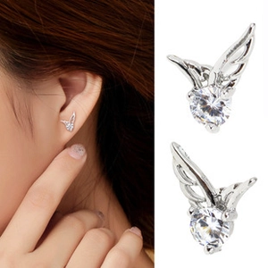 Detail showing angel wing stud earrings with crystal zircon in a polished silver finish