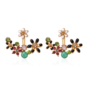 Elegant gold flower stud earrings with colorful crystals and rhinestones for women