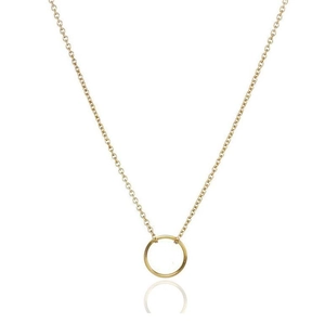 Collier doré minimaliste avec pendentif cercle et chaîne fine sur fond blanc pur