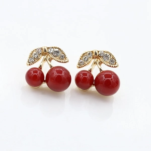Korean Cute Cherry Stud Earrings For Women Alloy Rhinestone Leaf Fruit Shape Sweet Red Gold Fashion Jewelry Ear Accessories