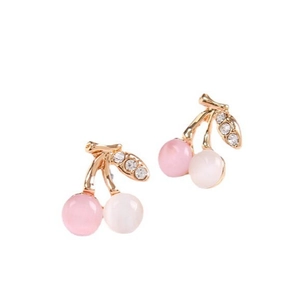 Élégantes boucles d'oreilles cerise avec pierre œil de chat rose et feuilles dorées