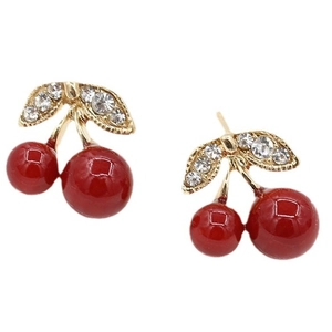 Chic cherry earrings with red resin fruits and gold rhinestone-studded leaves for women