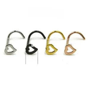 Macro detail of heart-shaped stainless steel nose screws in four metallic finishes