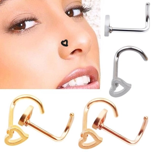 L-shaped heart nose studs in silver, gold, and rose gold finishes on white background