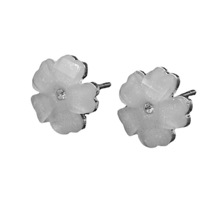 Exquisite white resin five-petal flower stud earrings with sparkling crystal center