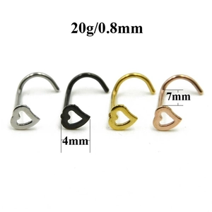 Set of four 20G heart-shaped stainless steel nose rings in silver black gold and rose gold