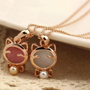 Süße Katze Anhänger Halskette Roségold Vergoldete Legierung Mit Katzenaugenstein Und Künstliche Perlenimitat Koreanischer Stil Schlüsselbeinkette Damen Mädchen Schmuck