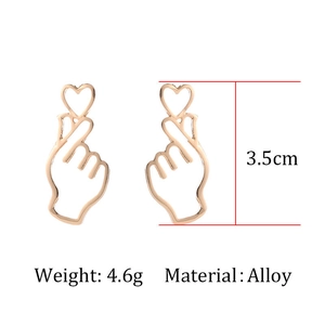 Detail showing rose gold heart gesture earrings with 3.5cm size and 4.6g weight specs
